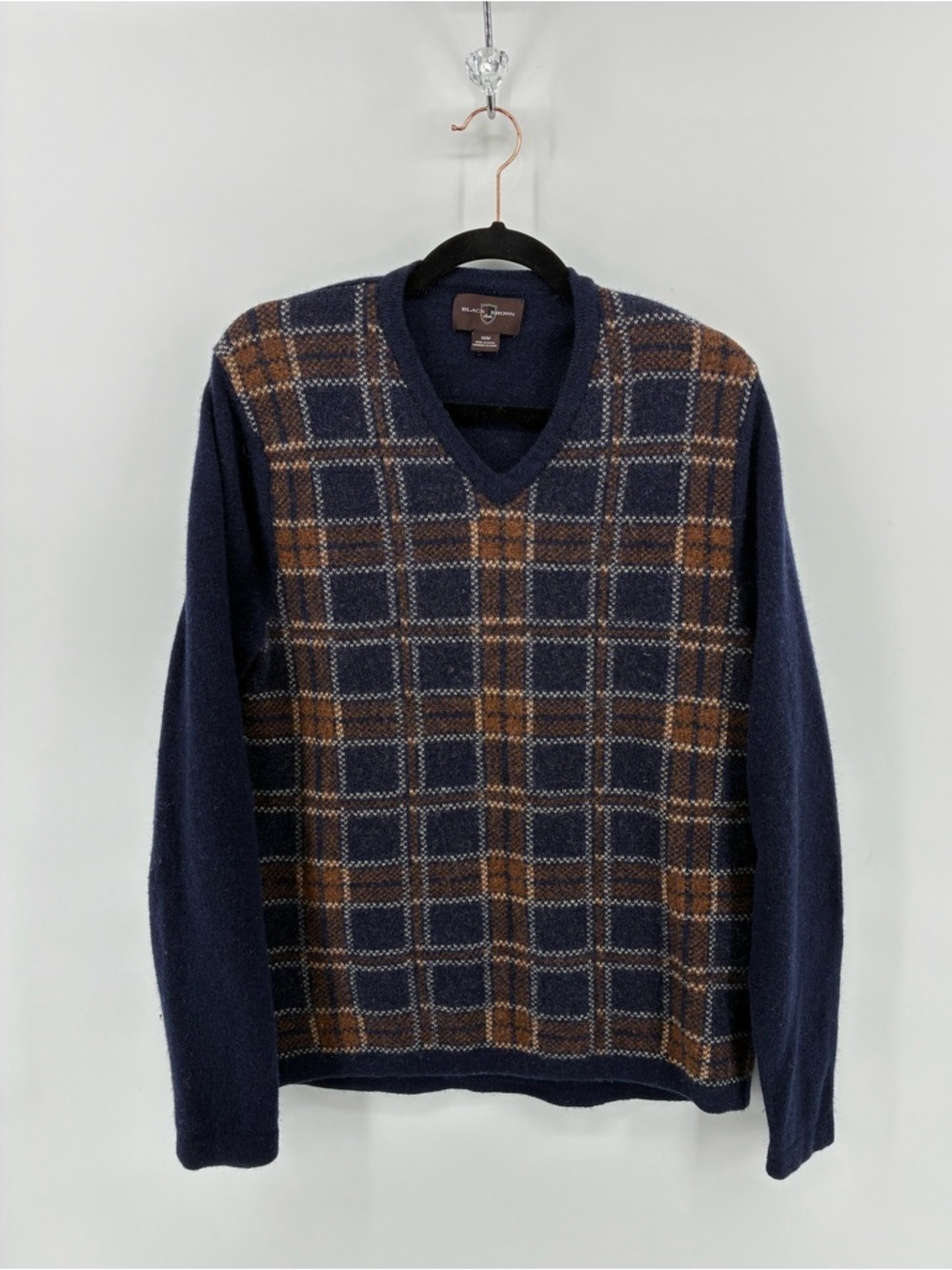 Black Brown 1826 100% Lambswool Men's Navy and Brown Plaid V-Neck Sweater